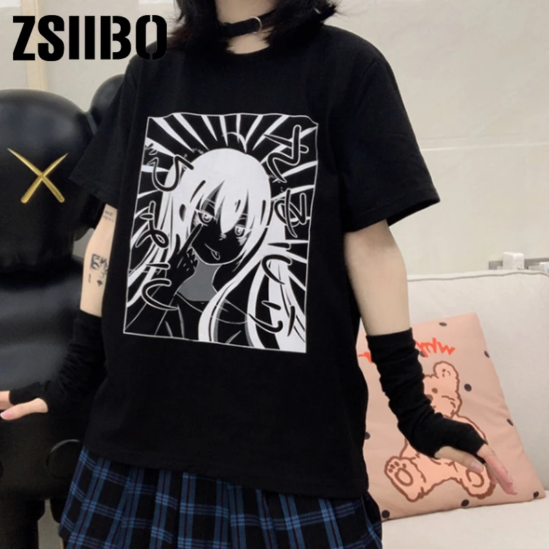 Women's t-shirts korean cotton Black Oversize dropshipping Tops harajuku vintage aesthetic gothic graphic punk clothes Anime tee