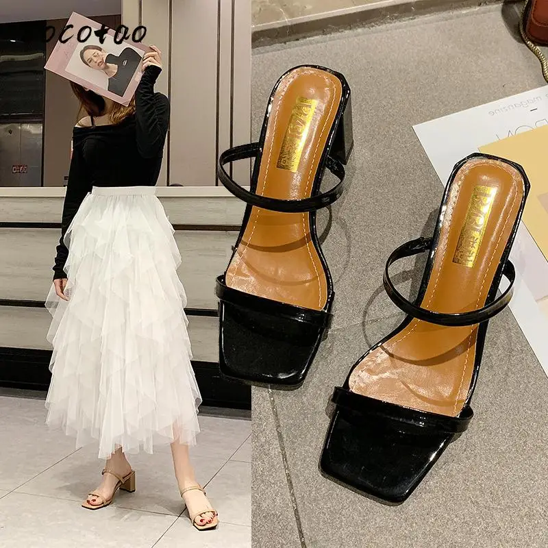

2020 Sandals Women Wear Spring And Autumn Word With Niche High Heels Ins Tide With Thick And White Half Slippers