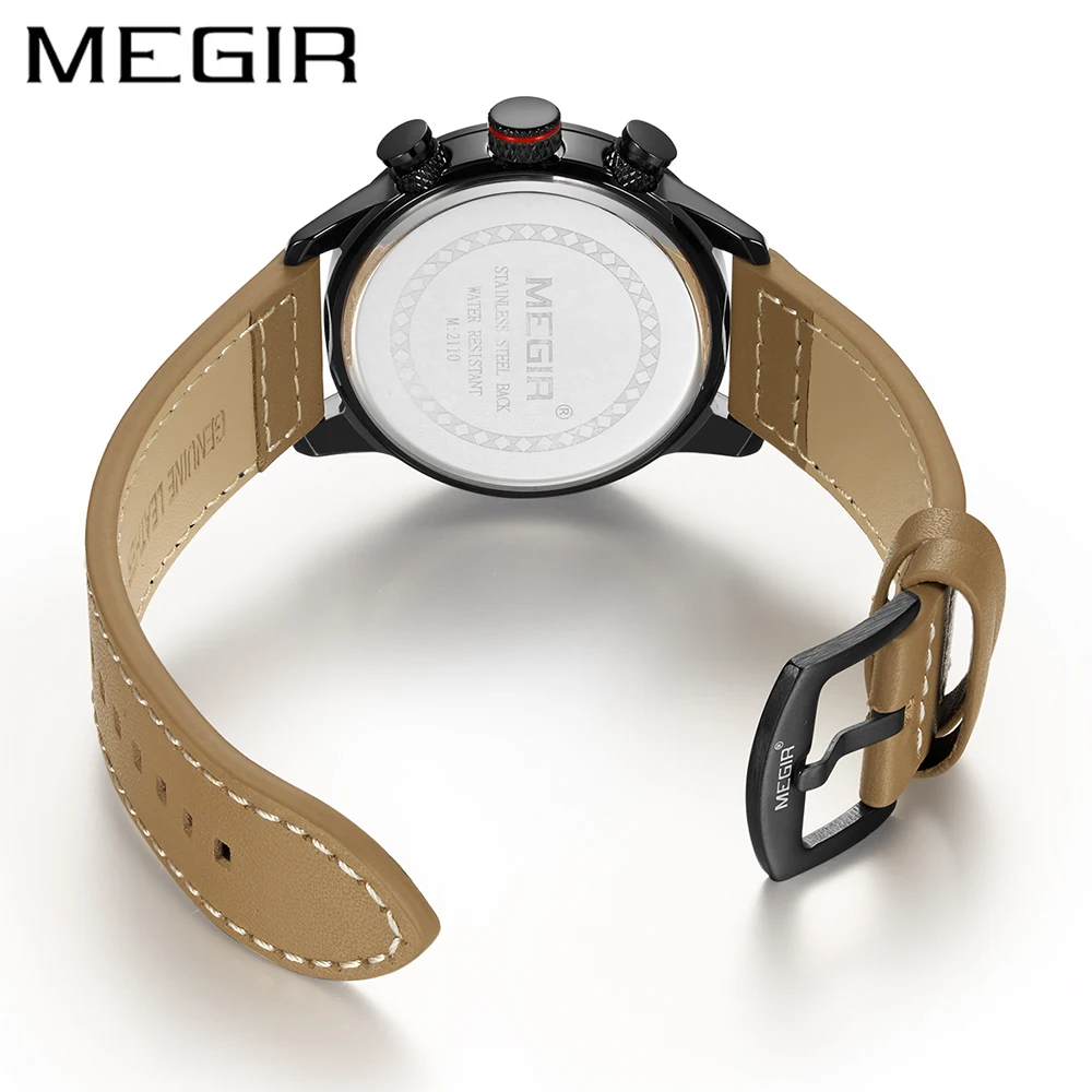 MEGIR, новые модные мужские часы с кожаным ремешком, Топ бренд, роскошные спортивные кварцевые часы с хронографом, мужские часы