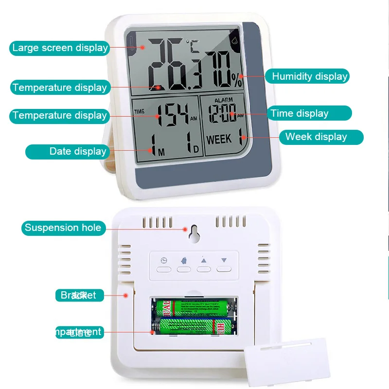 Комнатный термометр-гигрометр, ежедневный будильник, неделя, дата, календарь, дисплей 104*104*23 мм, термометр-гигрометр