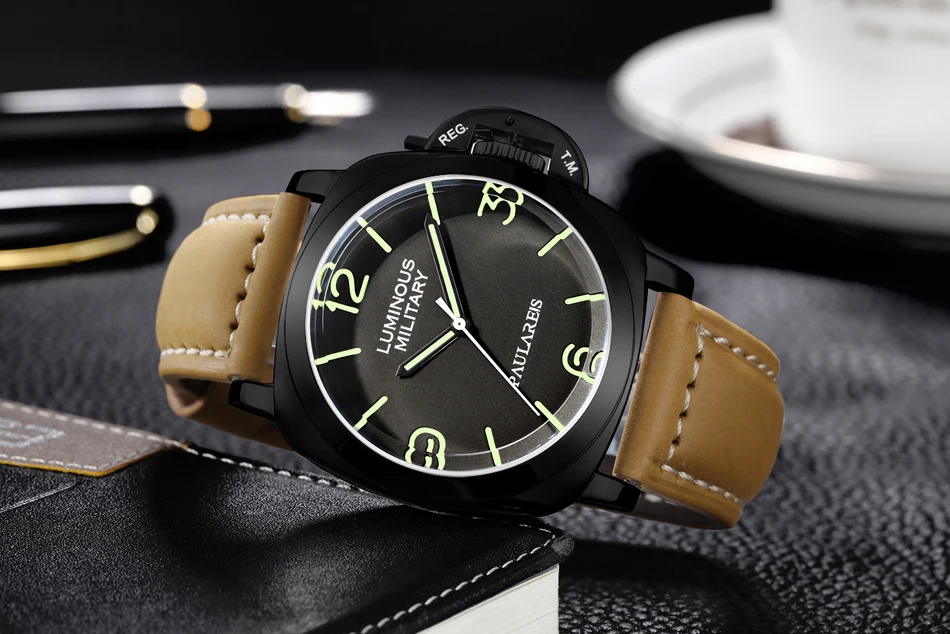 Men Automatic Self Wind Mechanical Genuine Brown Leather Strap Yellow Green Luminous 44mm Luxury Rose Gold Military Watch