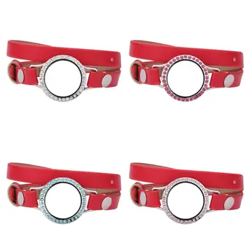 

5pcs/lot 30mm Different color crystals Glass Locket 37CM Red Double Wrap PU Leather Bracelet Wristband With 50pcs Charm