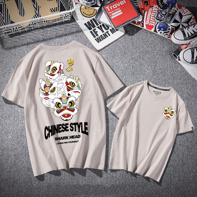 Cartoon Chinese Lion Head Print Men Tshirt Summer 100% Cotton Vintage Style Clothes Funny Hip Hop Cool Plain Streetwear