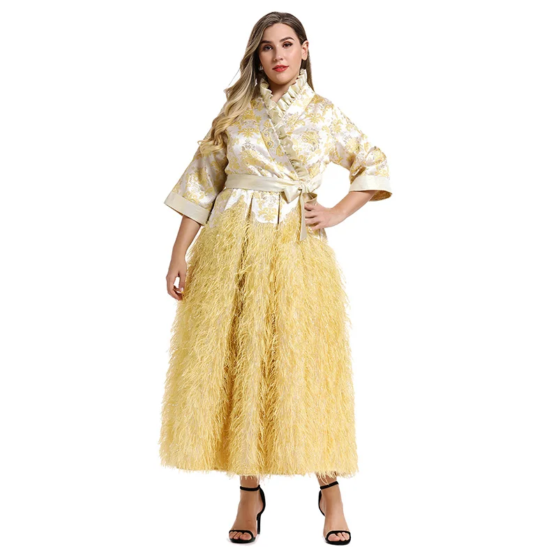 

Vestidos Toleen Women Plus Size A Line Dress Three Quarter Sleeve Feathers Dress V Neck Tassel Yellow Dress Vestidos De Plumas