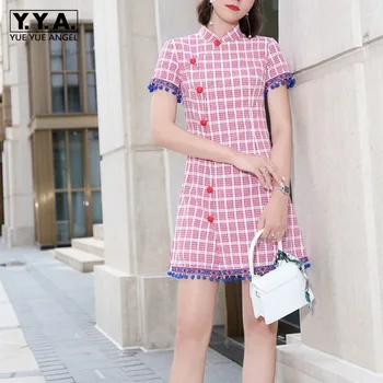 

Vintage Stand Collar Plaid Dress Female Slim Short Sleeve Elegant A-Line Short Dress Summer New Sweet Pink Cheongsam S-XL