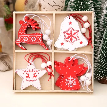 

12pcs/Set 4 Patterns Christmas Tree Decor Pendant Crafts Wood Bell Deer Angel Stars Xmas gift Wooden Hanging Decoration