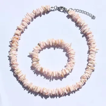 

Europe And America Hot Selling White green pink Broken Shell Necklace bracelets Set Irregular Debris Shell Choker N0049