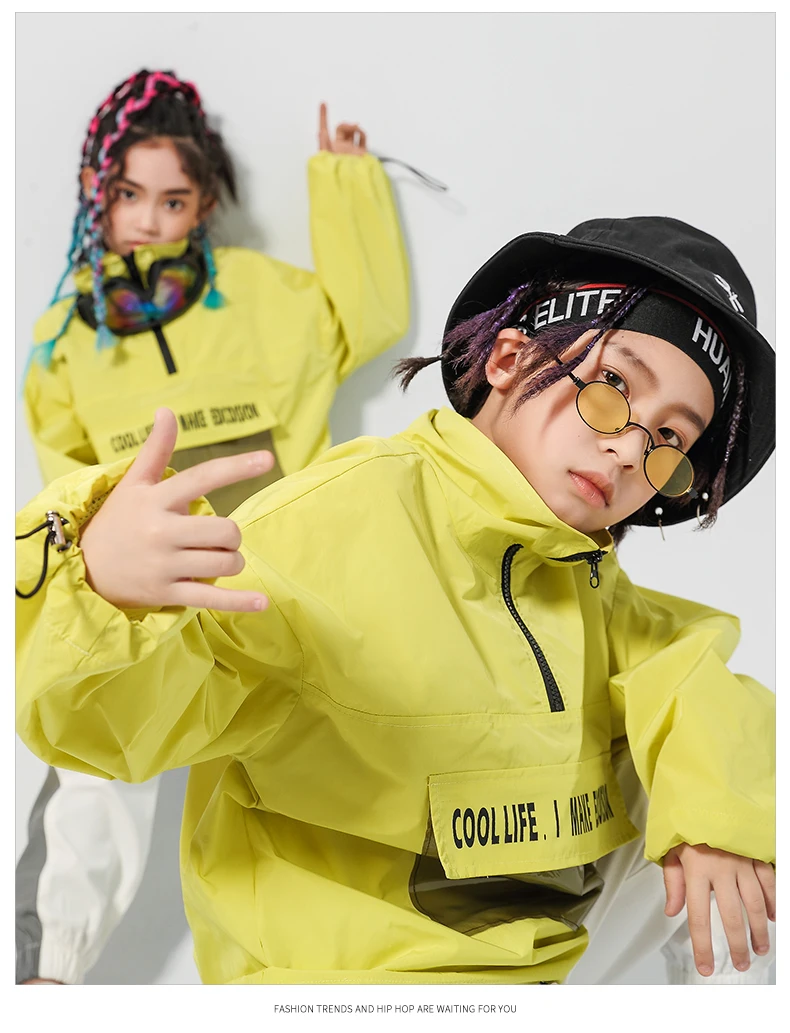 2019 Children's Street Dance Suit Loose Green Jacket White Pants Set Kids Girls Boys Hip Hop Jazz Costumes for Stage Performance (10)