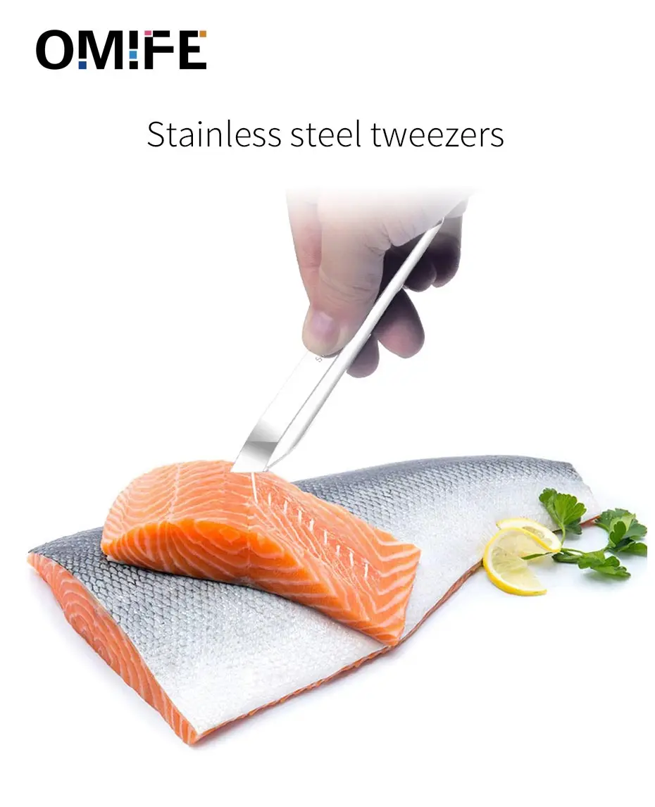 Omife Stainless Steel Fish Bone Tweezers Remover Salmon Fishing Bones Knife Pincer Puller Tongs Pick-Up Seafood Tool Crackers