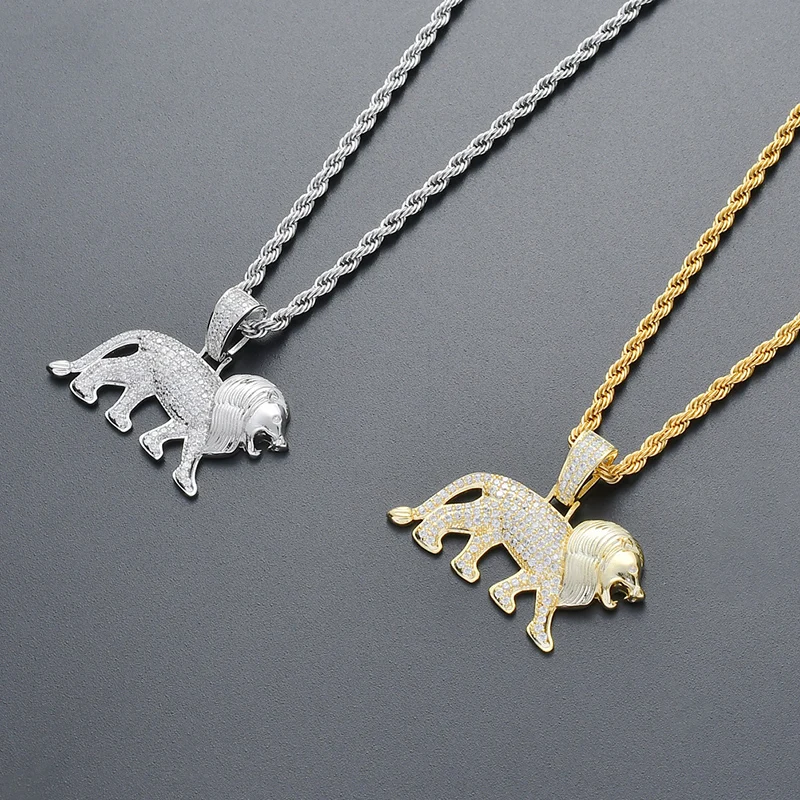 Микро проложили AAA кубического циркония Bling Iced Out Мужской Лев Подвески ожерелье для мужчин хип хоп рэппер ювелирные изделия золото серебро