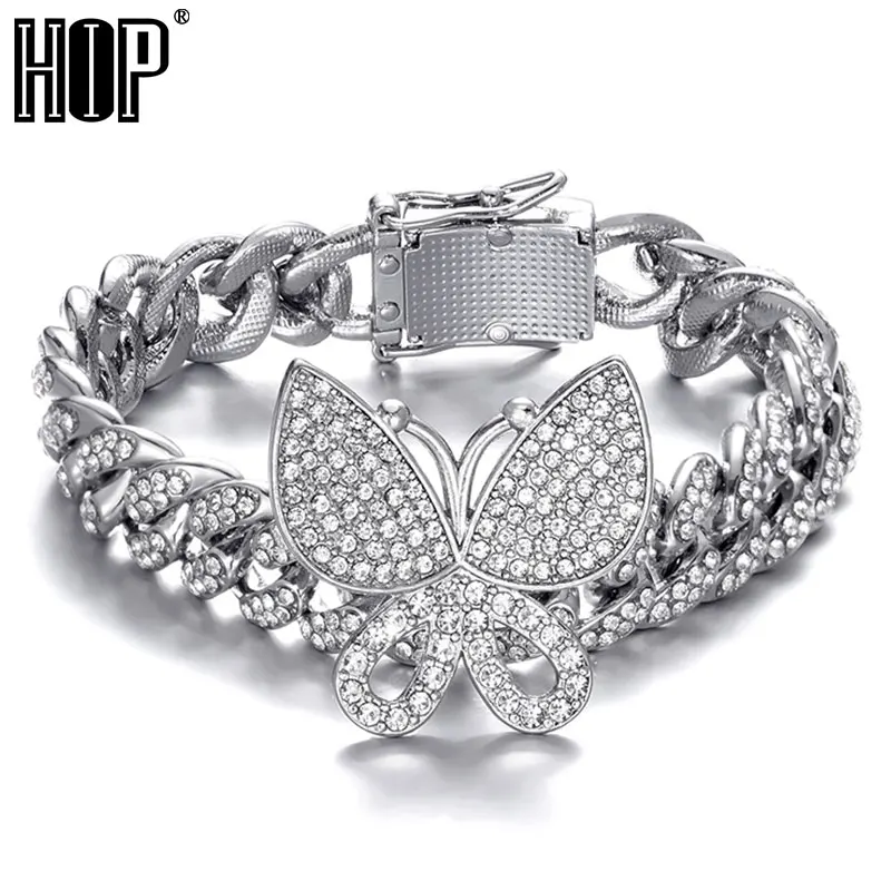 

Hip Hop Full AAA Bling Miami Cuban Chain With Butterfly Iced Out Men's Bracelet Rhinestone Zircon Paved Bracelet for Men Jewelry