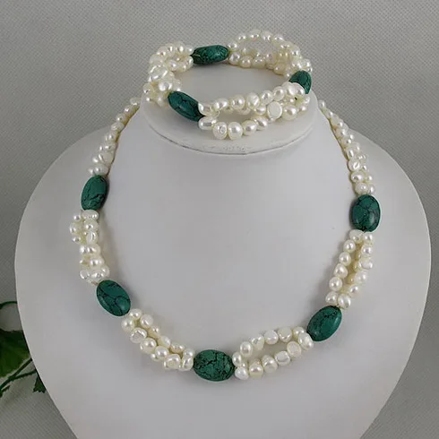 

New Arrival Baroque Pearl Women Jewelry Set Turquoise With White Color 7-8mm Unique Real Freshwater Pearl Necklace Bracelet Gift