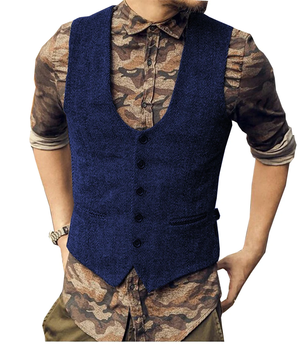 Royal Blue Мужской костюм, жилет, твид, серый, приталенный, в клетку, шерсть, деловой, формальный, u-образный вырез, в елочку, для свадьбы, женихов, мужчин, мужской жилет - Цвет: Royal Blue