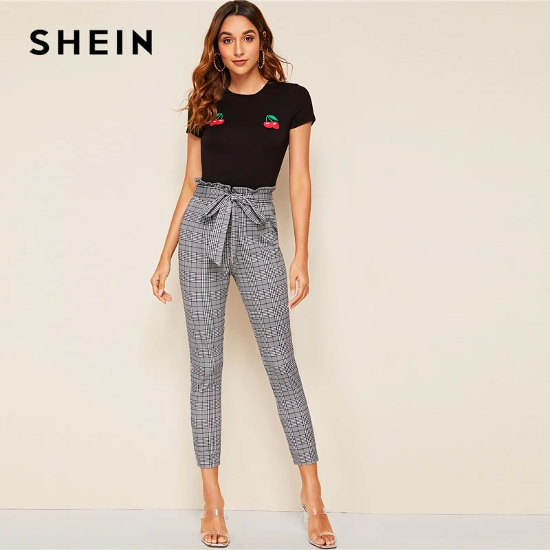 SHEIN/серые клетчатые бумажные штаны с поясом на талии, повседневные штаны для женщин, осенние женские узкие брюки с высокой талией для офиса