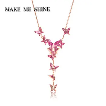 

High Quality Sweater Chain Gradient Butterfly Y-shaped Three-Dimensional Pink Crystal Necklace Female Pendant Elegant Gift