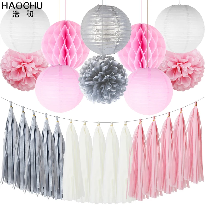 25pcs/set Gold White Round Hanging Paper Ball Lanterns Honeycomb Tissue Pom Poms Tassel Birthday Wedding Theme Party Decorations