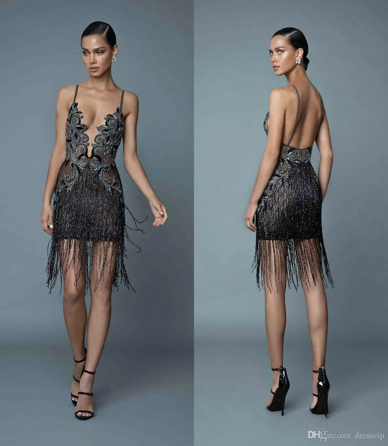 

Spaghetti Illusion Prom Dress Luxury Embroide Beading Sexy Backless Short Evening Dress Cocktail Gowns Rhinestone Formal Dress