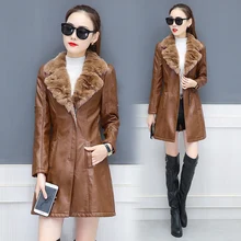Кожаная куртка для женщин, замшевое пальто для женщин, зимнее пальто из искусственной кожи с длинным рукавом, мотоциклетная Меховая куртка для девушек, пальто из искусственной кожи размера плюс