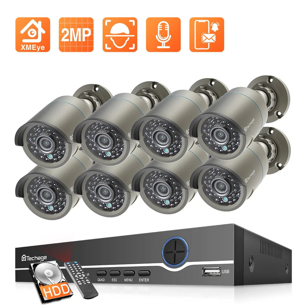 Techage H.265 8 канальная 2 мегапиксельная камера слежения POE 1080P NVR Kit P2P CCTV Набор