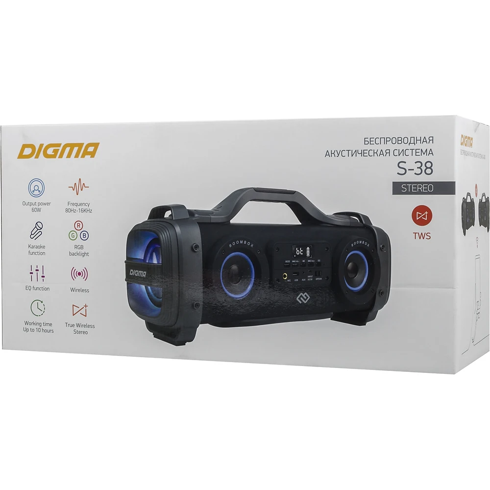 Колонка порт. Digma S-38 черный 60W 1.0 3.5Jack/USB 4400mAh