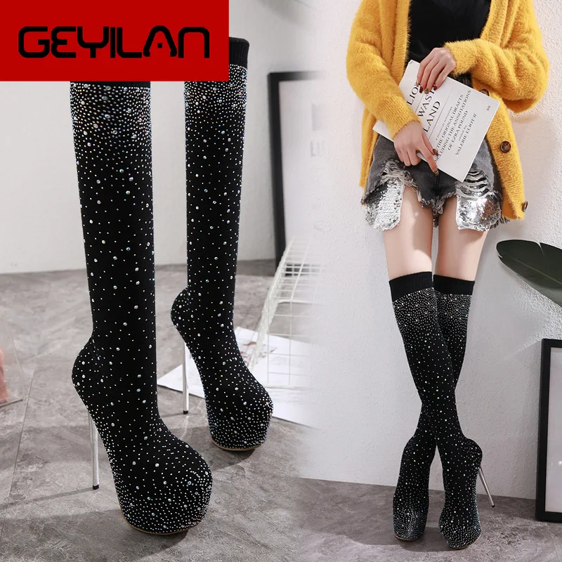 

2020 Women's Shoes Wind Knitting Rhinestone Super High With Waterproof Platform Boots Fine With Sexy