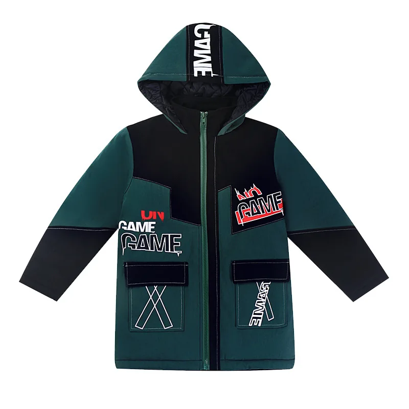 

Children cotton coat winter boy fashion cotton long section thick warm cotton collar collar hooded printed letter cotton jacket