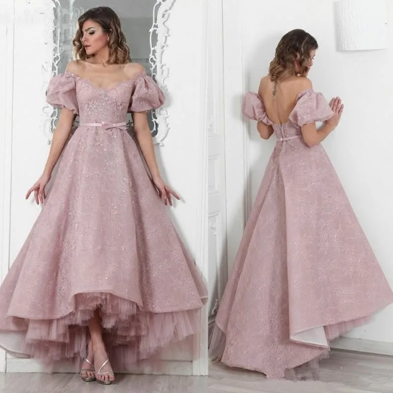 

Prom Dresses 2020 a line For Women Dubai Turkey pink lace Formal Night Evening Gown sexy luxury short sleeve