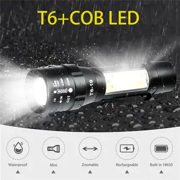 

XANES T6+COB 4Modes Front + Side Light USB Rechargeable Zoomable Mini LED Flashlight Waterproof for Camping Torch Portable