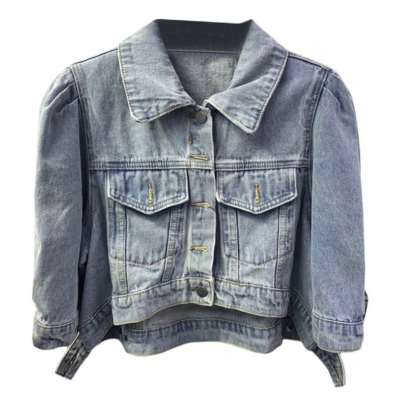 

New autumn Retro Jeans Jackets Female Loose BF Puff Sleeve Denim Cropped Jacket Top for Women High Waist Shorts Jean Coat Femme