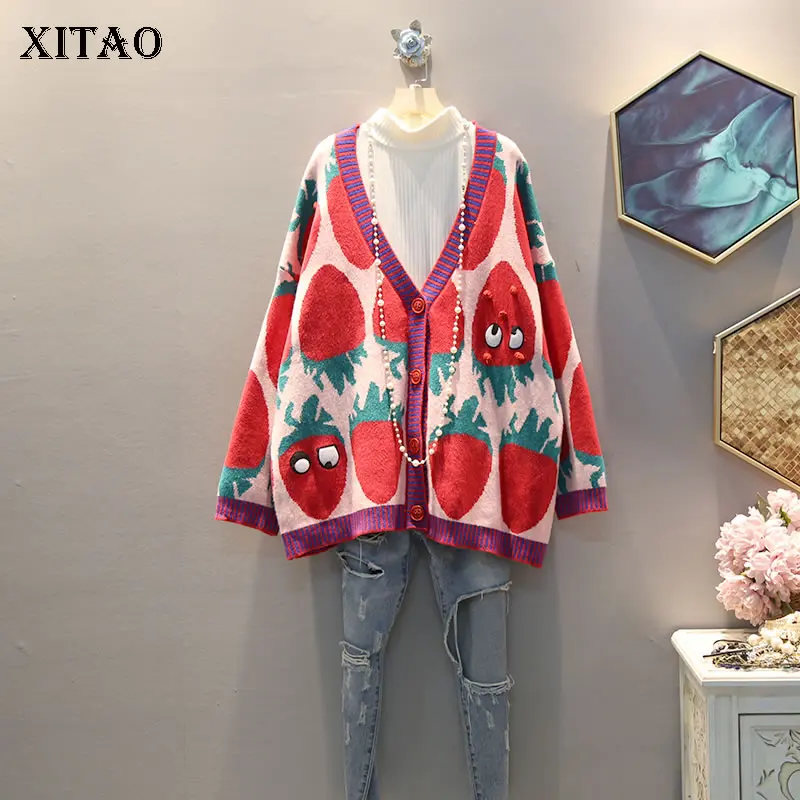 

XITAO Loose Plus Size Tide Strawberry Jacquard Plus Size Full Sleeve Knitted Cardigans Sweater Autumn and Winter WLD3018
