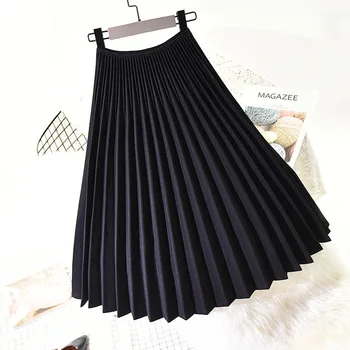 

043 Atumn Women Elegant Pleated Skirt High Waist Women White Long Skirt Female Ladies High Quality Women Midi Skirt Black Saia