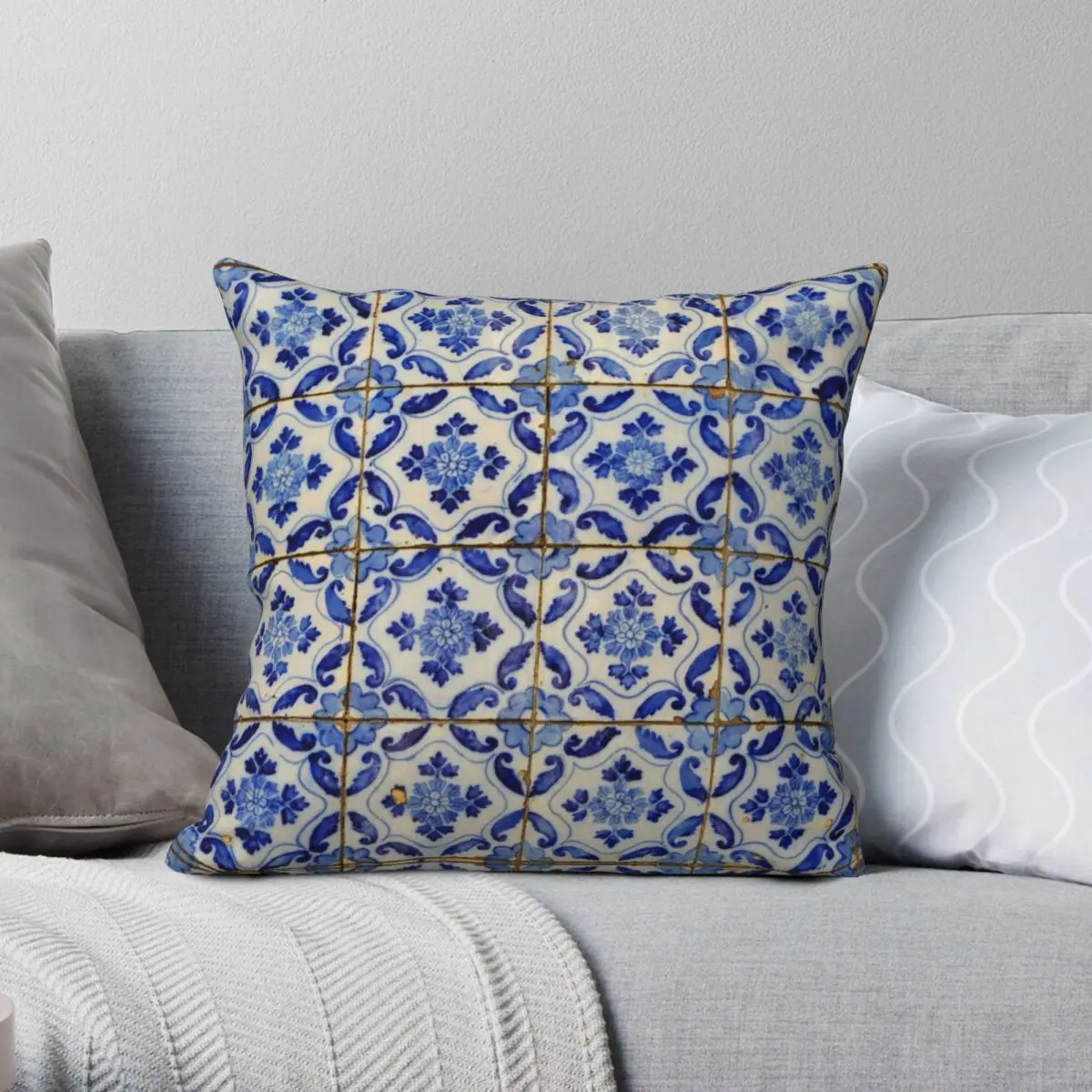 PortugueseTilesBlueFlowersAndLeavesSquarePillowcasePolyesterLinenVelvetZipDecor