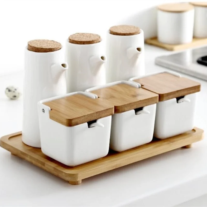 

Japanese-style Ceramic Spice Jar Oil Vinegar Pot Storage Tank with Wooden Tray Multi Combination Set Kitchen Supplies Pepper