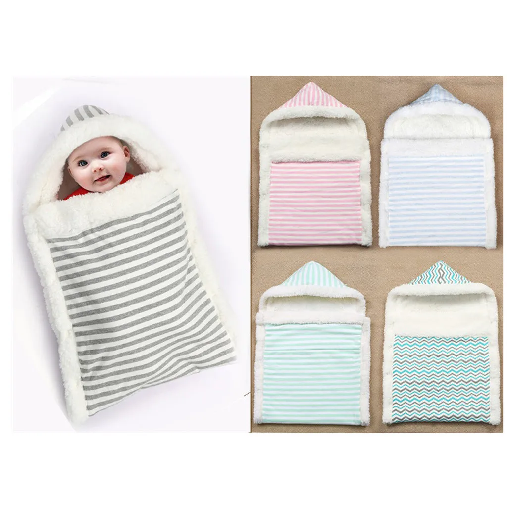 2019Thick warm striped lambskin hug blanket stroller sleeping bag hug Newborn Infant Baby Boy Girl Swaddle Sleeping Wrap Blanket