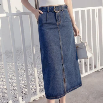 

Women Fashion Pokcets Split Jeans Skirt Autumn Sashes High Waist Denim Skirts