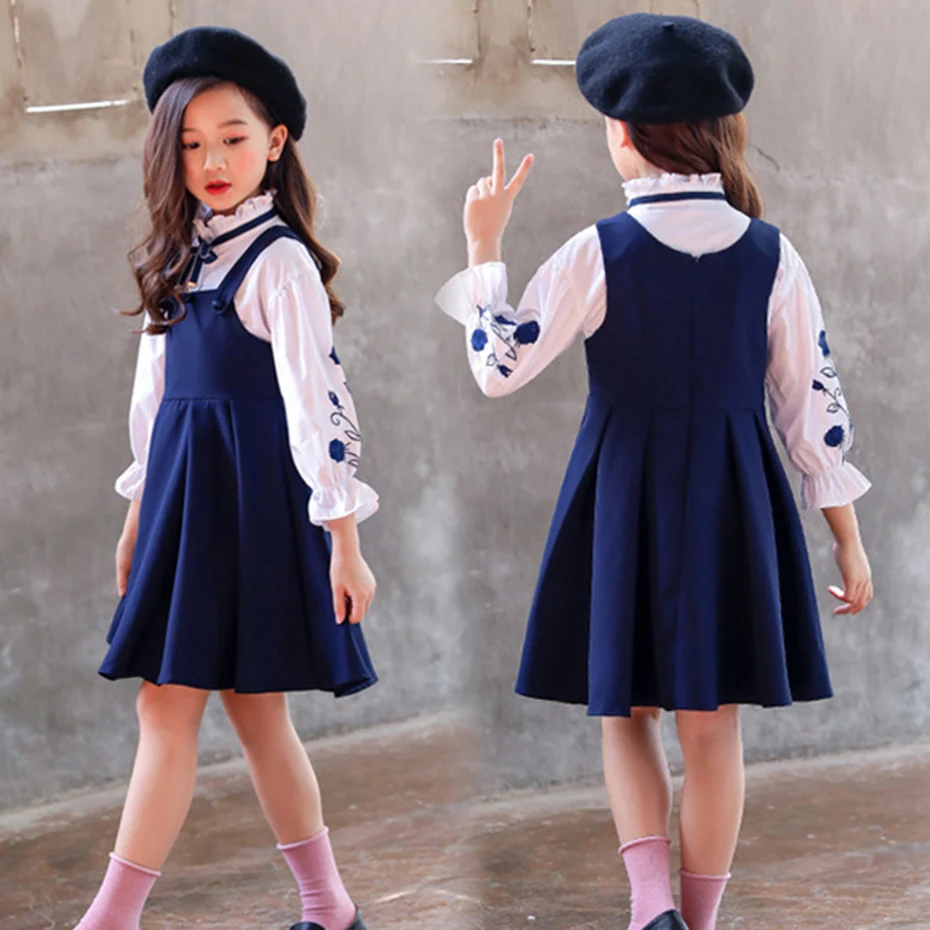Комплект одежды для девочек, блузка с вышивкой+ платье, осенний костюм из 2 предметов для девочек, повседневный Детский комплект, зимняя одежда для девочек-подростков 4, 6, 8, 12 лет