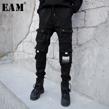 

[EAM] High Elastic Waist Black Pocket Split Long Leisure Trousers New Loose Fit Pants Women Fashion Spring Autumn 2020 1M685