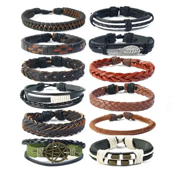 

Fashion Vintage Retro Wristbands Alloy Charms Star Wing Multi-layer Braided Cuff Leather Bracelets Set Bangle Retro Punk Jewelry