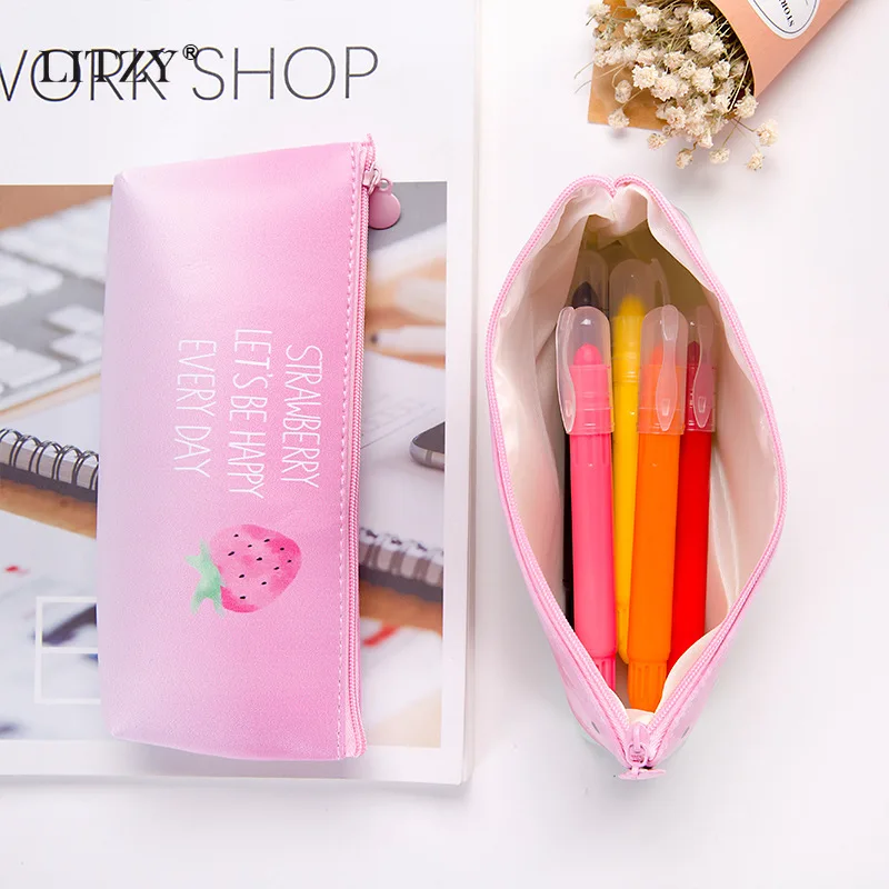 Kawaii PU большой чехол для карандашей клубника студенческий подарок школьная