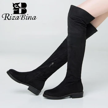 

RIZABINA Women Stretch Boots Fashion Winter Shoes Wome Over Knee Boot Warm Fur Office Lady Long Boots Flats Footwear Size 34-43