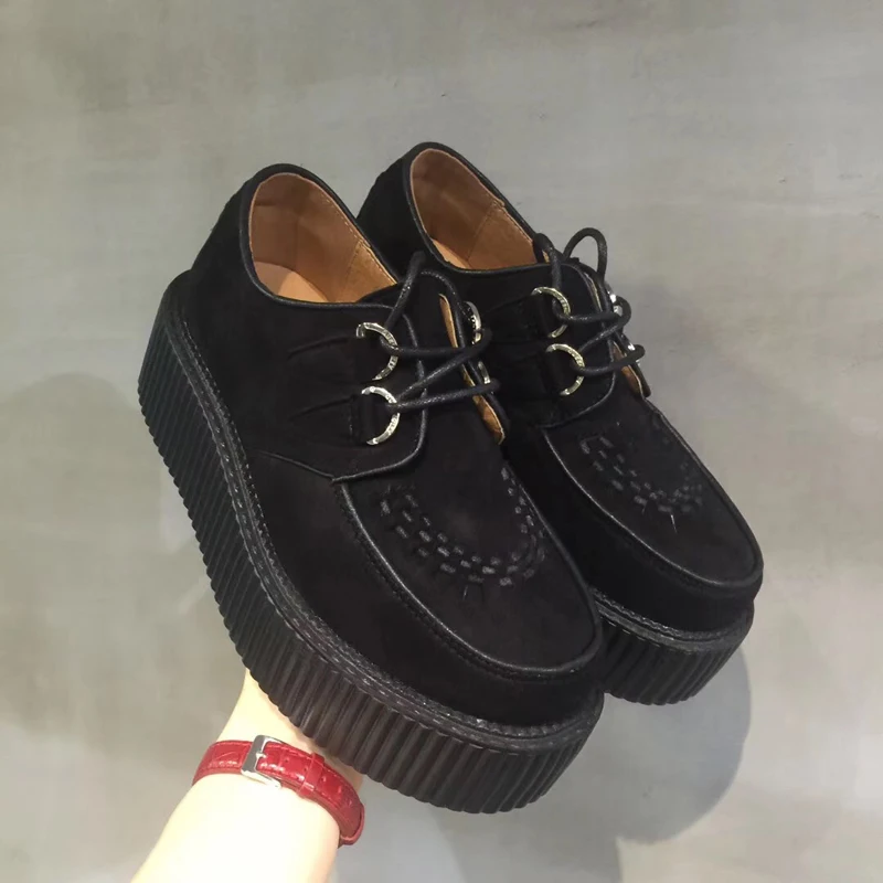 Черные ботинки "Харадзюку" Классическая прогулочная Обувь На Шнуровке Высокая платформа модные криперы в стиле Харадзюку; обувь в стиле «панк»; Для женщин повседневная обувь на платформе R2-02