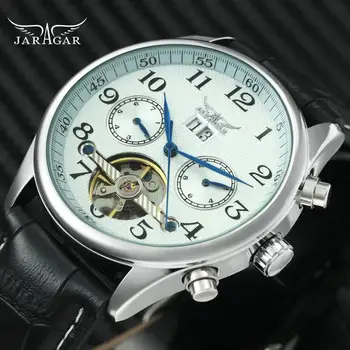 

JARAGAR Tourbillon Mechanical Mens Watches Top Brand Luxury Marine Hands Leather Strap Skeleton Fashion Dress Watch Men