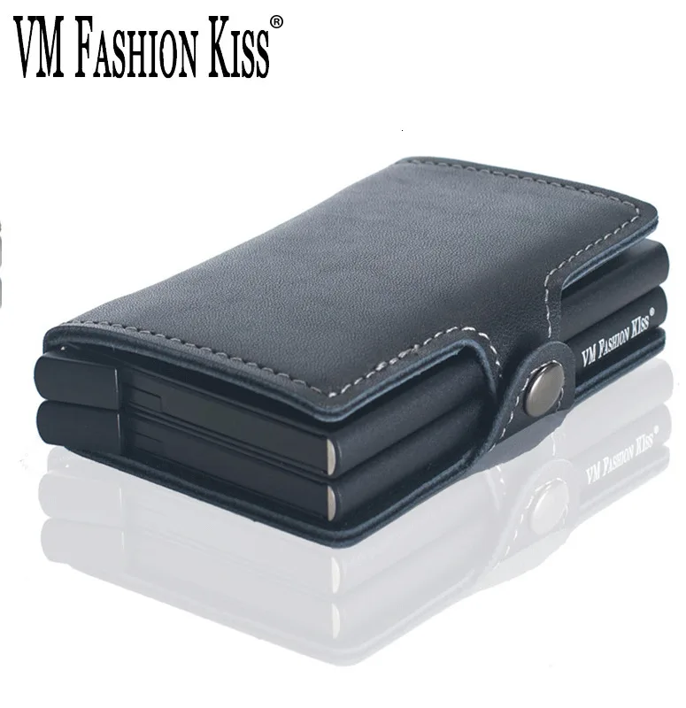 VM FASHION KISS RFID Genuine Leather Minimalist Wallet DIY Metal Aluminum Safe Purse Credit Id Business Card Holder Cardholder