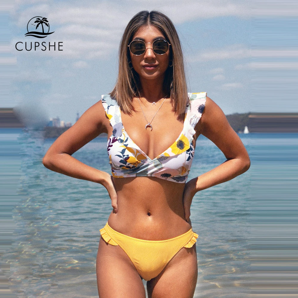 Женский купальник бикини CUPSHE с оборками цветочным принтом v образным вырезом на