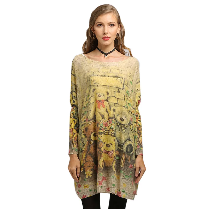 Autumn Large Size Women's Tops Loose Cartoon Bear Print Sweater Casual Long Pullovers Outerwear Pull Femme TA6301 | Женская одежда