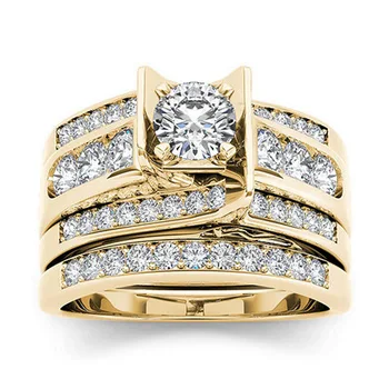 

WUKALO Cute Female Big Zircon Ring Set Crystal Gold Color Bridal Ring Wedding Jewelry Promise Engagement Rings For Woman