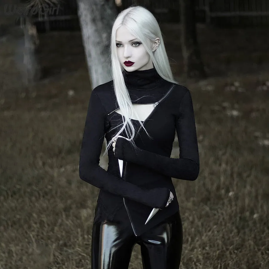 Weirdgirl/Новые осенние толстовки, модное крутое женское платье-водолазка с длинными рукавами, одежда на молнии с отверстиями для большого пальца, женские толстовки с капюшоном