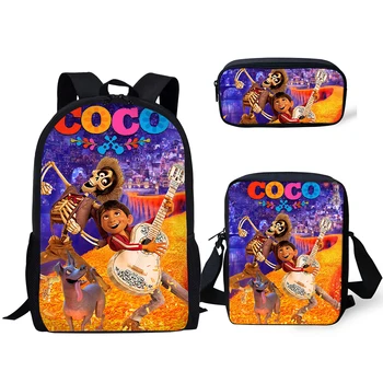 

HALYUNASC 3PCs/Set Children's School Backpack COCO Music Skull Pattern Kids School Bags Cartoon Teenagers Book-Bags Set