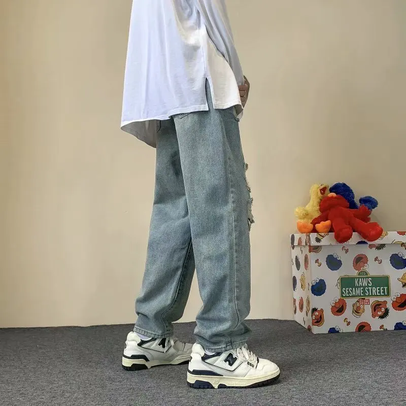 ICCLEK Japanese Ripped Jeans Men's Pants Autumn Casual Straight-leg Pants Men Jeans Pants  Denim Jeans  Mens Pants