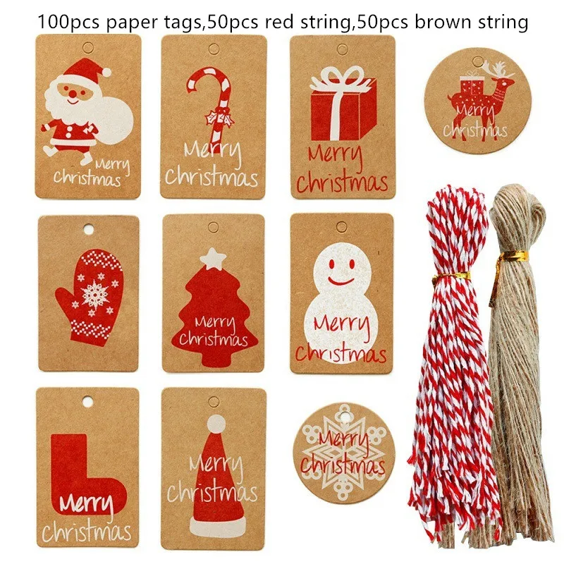 

100pcs/lot Mixed Christmas Tag Set With Hemp Rope Merry Christmas Gift Tag Santa Claus Snowflake DIY Gift Wrap Label Hang Tag